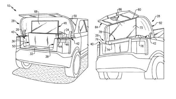 The new patent filed by Ford showcases that the screen would rise from this pocket, with a projector mounted on the underside of the vehicle’s front grille, resembling the setup of an F-150 Lightning.