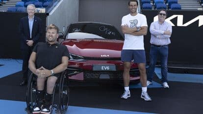 Wheelchair tennis champion Dylan Alcott (second from left) and former Australian Open tennis champion Rafael Nadal (second from right) at the official vehicle handover ceremony.