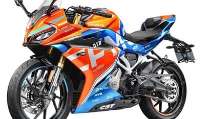 The 2022 model comes covered in orange and blue with white graphics and a bold CFMoto logo on the side panels.