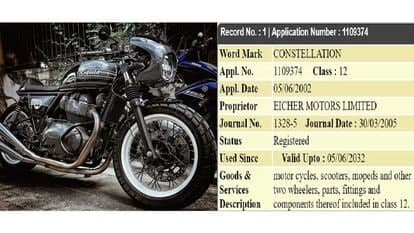 On left: Representational image of modified Royal Enfield bike by Moteycycle Garage. On right: Registration document of Royal Enfield Constellation name.