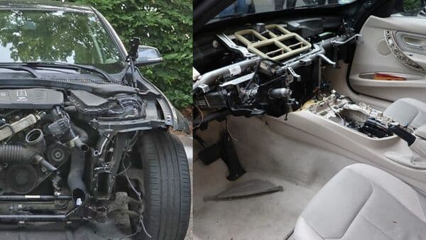 Images of the BMW 3 Series sedan that has been nearly ripped off all its essential components.