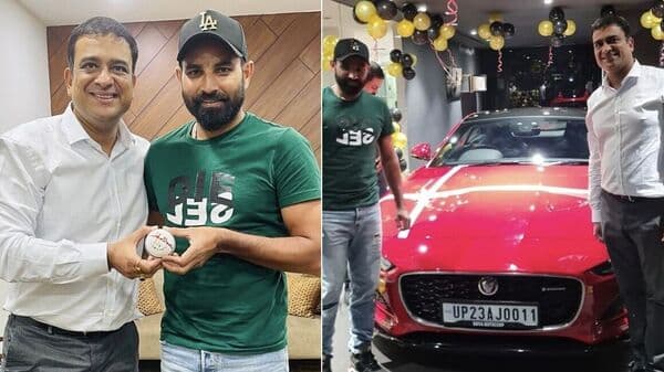 India cricketer Mohammad Shami poses next to his new Jaguar car. (Image courtesy: The LinkedIn page of Amit Garg)