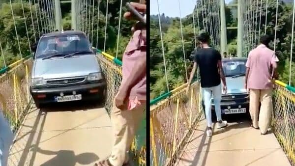 The video of this Maruti Zen driven up ion a suspension bridge in Karnataka has gone viral. (Photo courtesy: Twitter/@@harishupadhya)