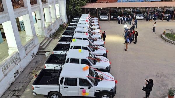 Mahindra Scorpio pickup trucks decked up at a ceremony where India handed over the vehicles to Nepal.