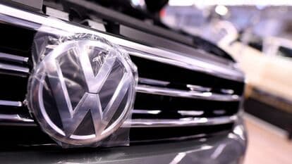 Volkswagen logo is pictured in a production line at the Volkswagen plant 