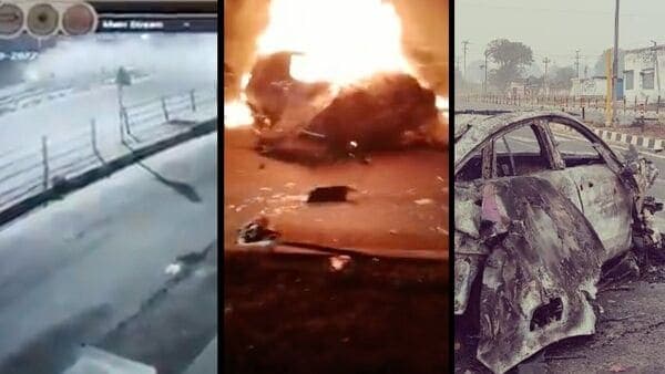The CCTV footage of the accident (left) after which Rishabh Pant's luxury car went up in flames (centre) and was left completely charred (right) near Roorkee in Uttarakhand on December 30.