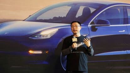 Tesla's China chief Tom Zhu speaks at a delivery ceremony for China-made Tesla Model 3 vehicles at the Shanghai Gigafactory in China. (File Photo)