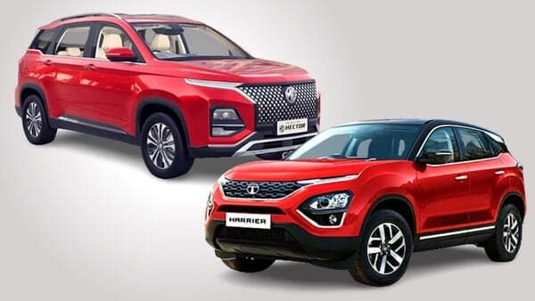 MG Hector 2023 (left) was launched at the Auto Expo 2023 at a starting price of  <span class='webrupee'>₹</span>14.73 lakh (ex-showroom). It will take on Tata Harrier (right) as one of its key rivals.