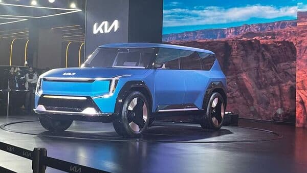 Kia EV9 concept electric SUV on display at the Auto Expo 2023.