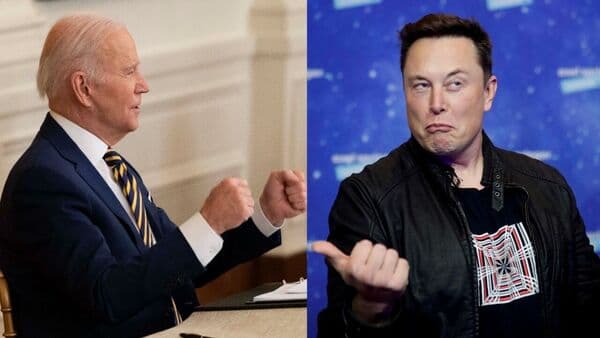 Is US President Joe Biden (L) guilty of ignoring Elon Musk-led Tesla in US push for EVs?