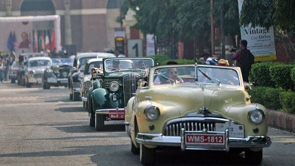 New Delhi, Feb 26 (ANI): Vintage Vehicles lineup to take part in a Vintage Car drive organized by Heritage Motoring Club of India at Major Dhayan Chand stadium, in New Delhi on Sunday. (ANI Photo)
