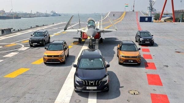 Mahindra SUVs like XUV700, Scorpio-N and XUV300 seen on the deck of one of the Indian Navy vessels ahead of the car rally.