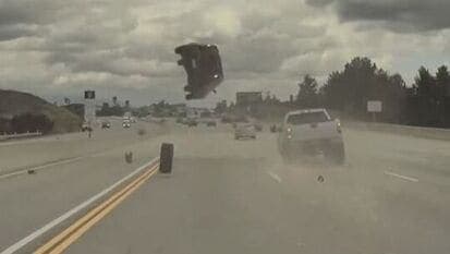 After the Kia Soul got hit by the tyre, it launched into the air, going up several feet.