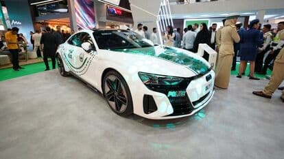 The Audi RS e-tron GT was unveiled at the Arabian Travel Market Conference in Dubai in the white and green livery