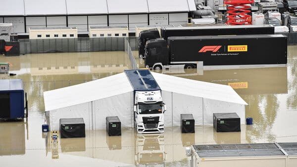 A general view of the flooded paddock at the Imola racing track, as Santerno river levels rise due to heavy rain, ahead of the weekend's cancelled Emilia Romagna Grand Prix.