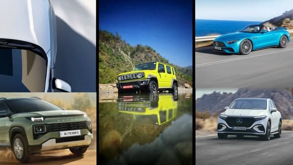 Maruti Jimny (centre) is going to be the biggest launch of June. Honda's new Elevate SUV (top left) and Hyundai Exter (bottom left) are two of the most anticipated models to debut next month. Mercedes is also expected to drive in the new EQS SUV (bottom right) and the AMG SL cabriolet (top right) too.
