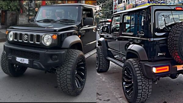 This all-black Maruti Suzuki Jimny SUV was spotted with modified wheels in Jalandhar recently. (Image courtesy: Instagram/khalsatyres)