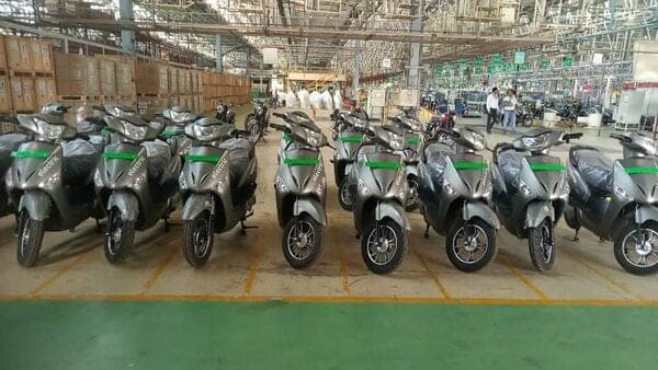 Hero Electric Optima and NYX electric scooters being manufactured at Mahindra's Pithampur plant. The EV maker is under the scanner for alleged misappropriation of FAME II subsidy incentives.