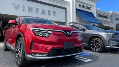 Vinfast electric vehicles parked at a store in Los Angeles, United States. Vinfast expects to sell as many as 50,000 electric vehicles this year, compared with Tesla's projection to deliver 1.8 million cars.