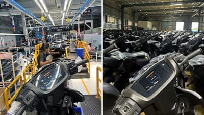 450S electric scooters being rolled out of Ather Energy's facility. Launched in June, the EV maker will start delivery of the 450S ahead of the festive season.