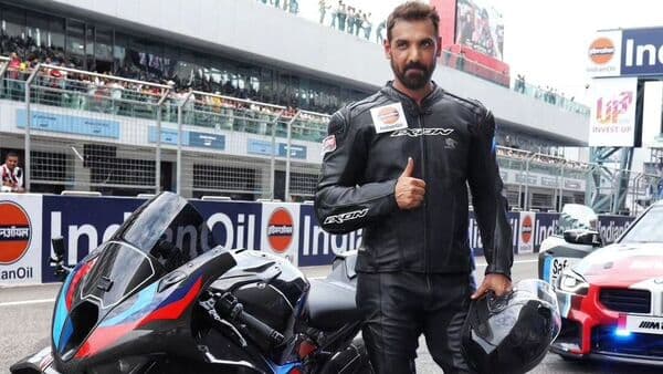 John Abraham rode BMW Motorrad's flagship motorcycle at BIC during the 2023 MotoGP.