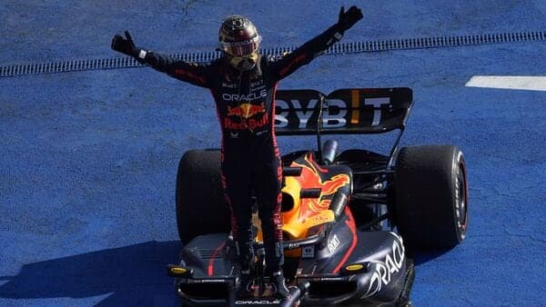 Red Bull driver Max Verstappen of the Netherlands celebrates after winning the Formula One Mexico Grand Prix auto race at the Hermanos Rodriguez racetrack in Mexico City on October 29, 2023.
