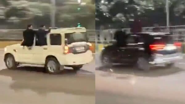 Five SUVs, which included the likes of Mahindra Scorpio, Kia Seltos and Toyota Fortuner, were seen driving in rash manner in Noida. (Image courtesy: X/@pratikchauhan29)