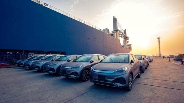 BYD cars parked side-by-side for export to markets outside China.