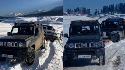 Images of a Maruti Jimny using two straps to pull out Land Rover Defender and Mahindra Scorpio SUVs out of snow somewhere near Gulmarg in Kashmir recently. (Image courtesy: X/@iNikhilsaini)