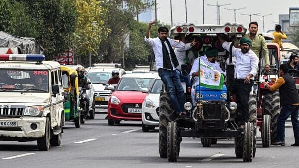 Farmers on tractors on the Yamuna Expressway during protest in Noida leading to traffic jam on Monday. 