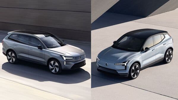 Volvo EX90 electric SUV (left) is the Swedish carmaker's flagship EV based on the XC90 SUV. Volvo EX30 (right) is the smallest electric car in the Swedish carmaker's lineup.