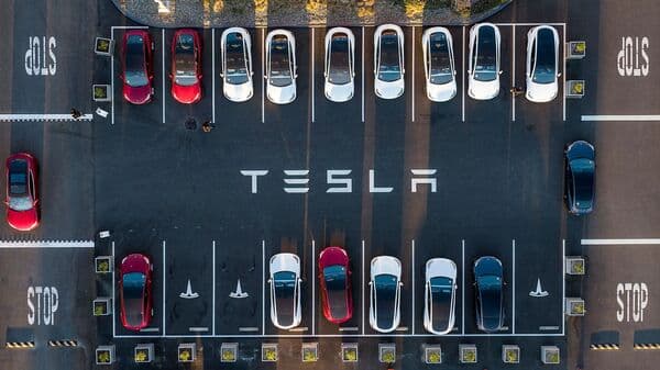 File photo: An aerial view shows cars parked at the Tesla Fremont Factory in Fremont, California. Tesla is one of the most anticipated global EV brands expected to launch in India after the Centre announced a new EV policy favouring foreign brands to launch their models in the country.