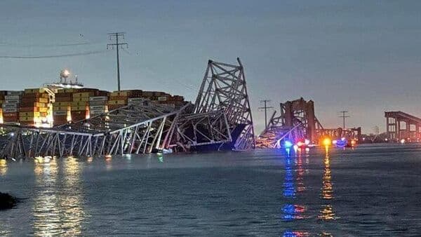 A view of the Singapore-flagged container ship after it collided with a pillar of the Francis Scott Key Bridge in Baltimore, United States. (Image courtesy: Harford County MD Fire & EMS)