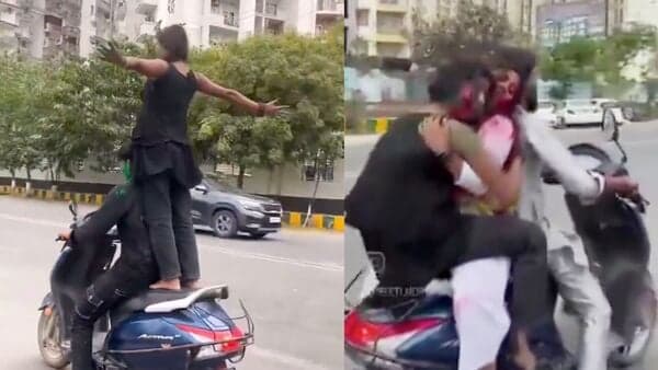 Two videos of scooter stunt went viral where a girl (left) was seen standing on the backseat of a moving Honda Activa scooter during Holi celebrations in Noida while two others were seen playing Holi while triple riding without helmets. Noida Traffic Police has slapped hefty fines against these traffic violations.