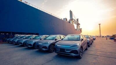 BYD cars parked side-by-side for export to markets outside China. While the US is still not a destination for most Chinese EV companies, American brands are worried this could soon change.