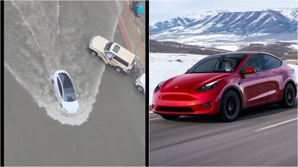 The Tesla Model Y can be seen traversing through the flooded streets of Dubai amidst an unprecedented downpour in the desert city