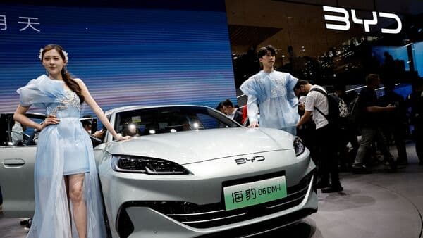 BYD showcases Seal 06 DM-i electric vehicle at an event in Beijing, China on April 25. The Chinese electric vehicle manufacturers may find it tougher to sell their models in United States as the Biden administration plans restrictions and increase tariff on them.